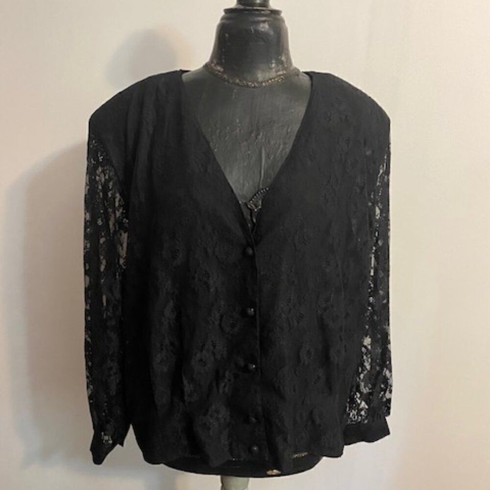 Chaus Woman Vintage Black Lace V-neck button front top, size 24W